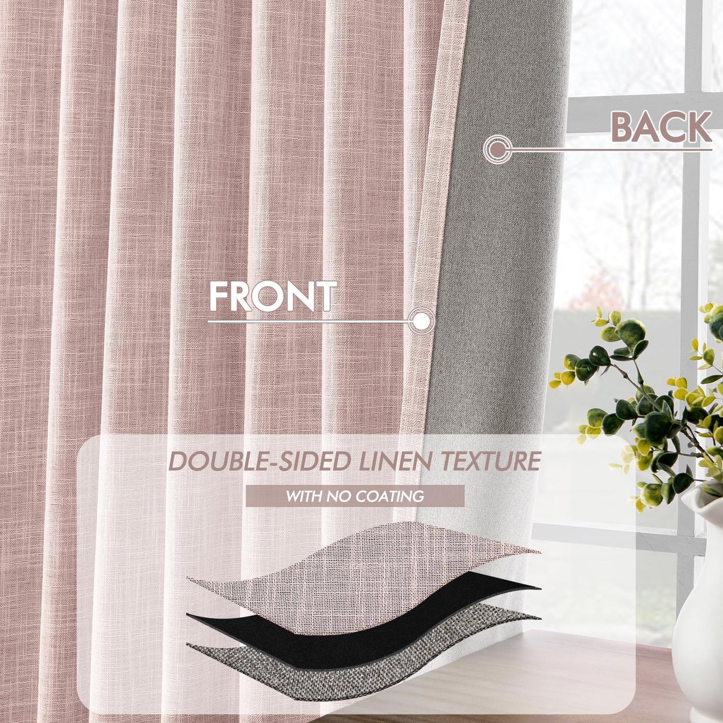 MIULEE Baby Pink 100% Blackout Linen Curtains 84 Inch 2 Panels Set Double Sided No Coating Pleated