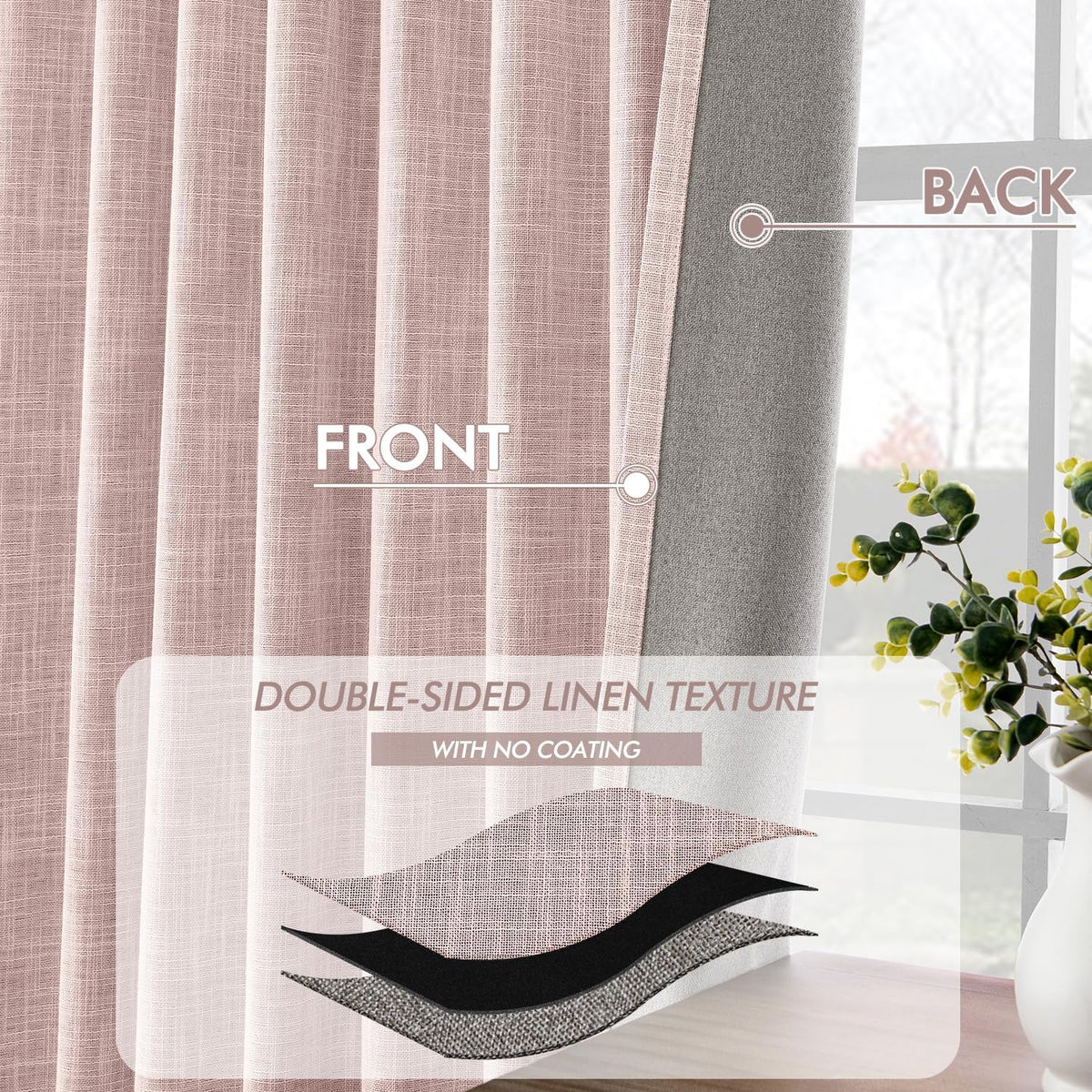MIULEE Baby Pink 100% Blackout Linen Curtain 120 Inch 2 Panel Set Double Sided No Coating Pinch