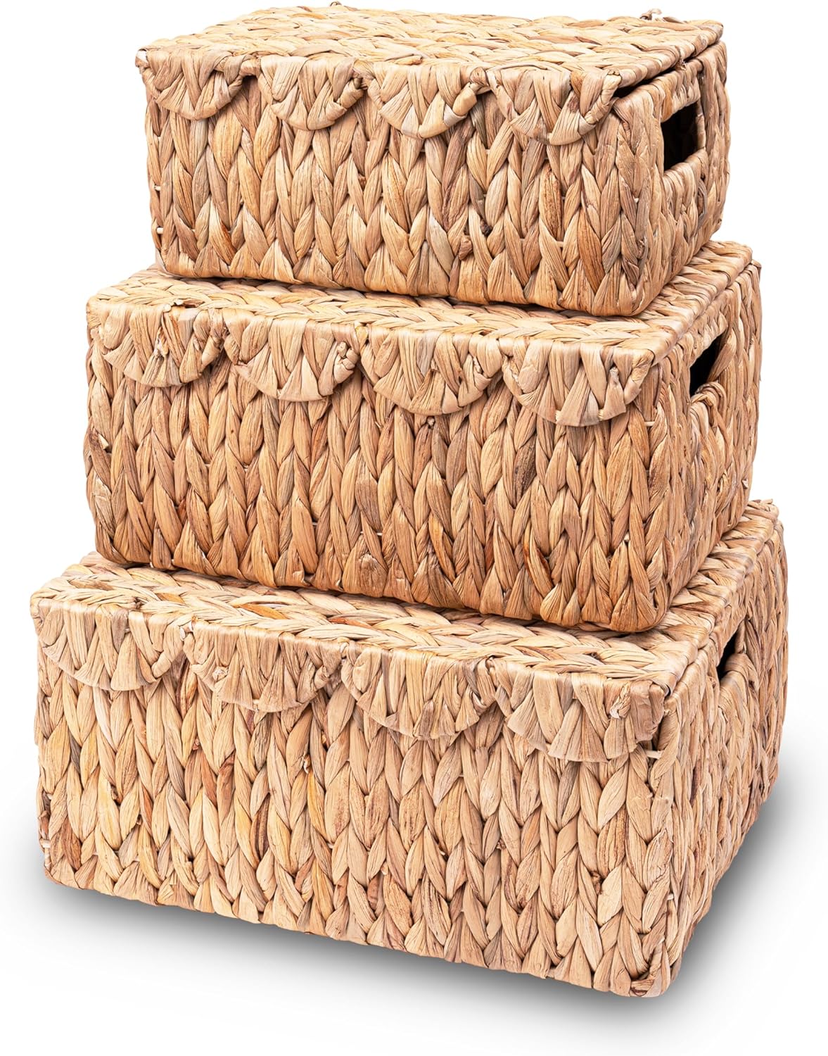 Set of 3 Scalloped Edge Wicker Basket with Lid, Rectangle Wicker Storage Basket with Built-in