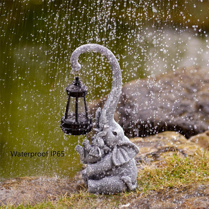 Elephant Outdoor Statues with Cute Baby Garden Decor, Resin Elephant Figurines with Solar Lantern