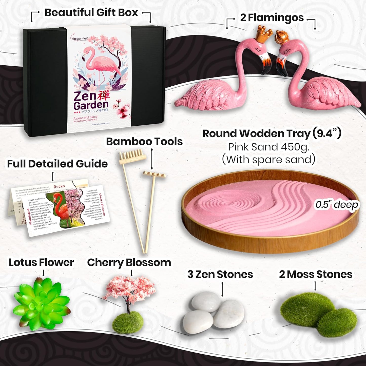 Flamingo Zen Garden Kit for Desk, Cute Japanese Flamingos Gifts for Women, Mini Zen Garden Sand