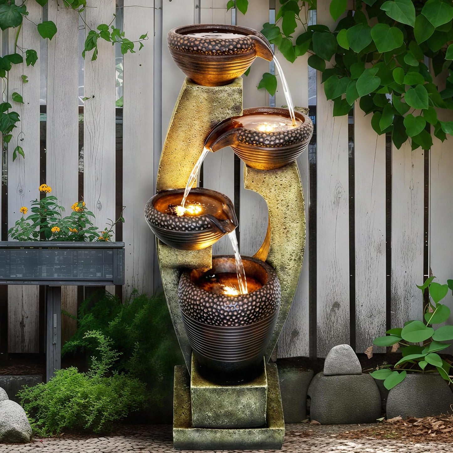 Naturefalls 40” H Modern Outdoor Fountain - 4 Crocks Outdoor Garden Fountains with Contemporary