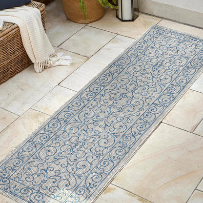 JONATHAN Y Vintage Filigree Indoor Outdoor Runner Rug 2X8 Gray/Navy, Charleston Textured Weave for