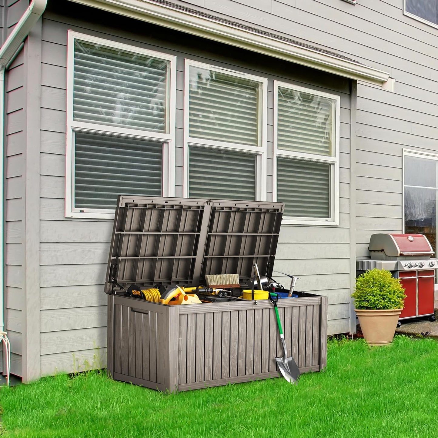 180 Gallon Lockable Resin Deck Box, Waterproof & UV-Resistant Outdoor Storage Box for Outdoor
