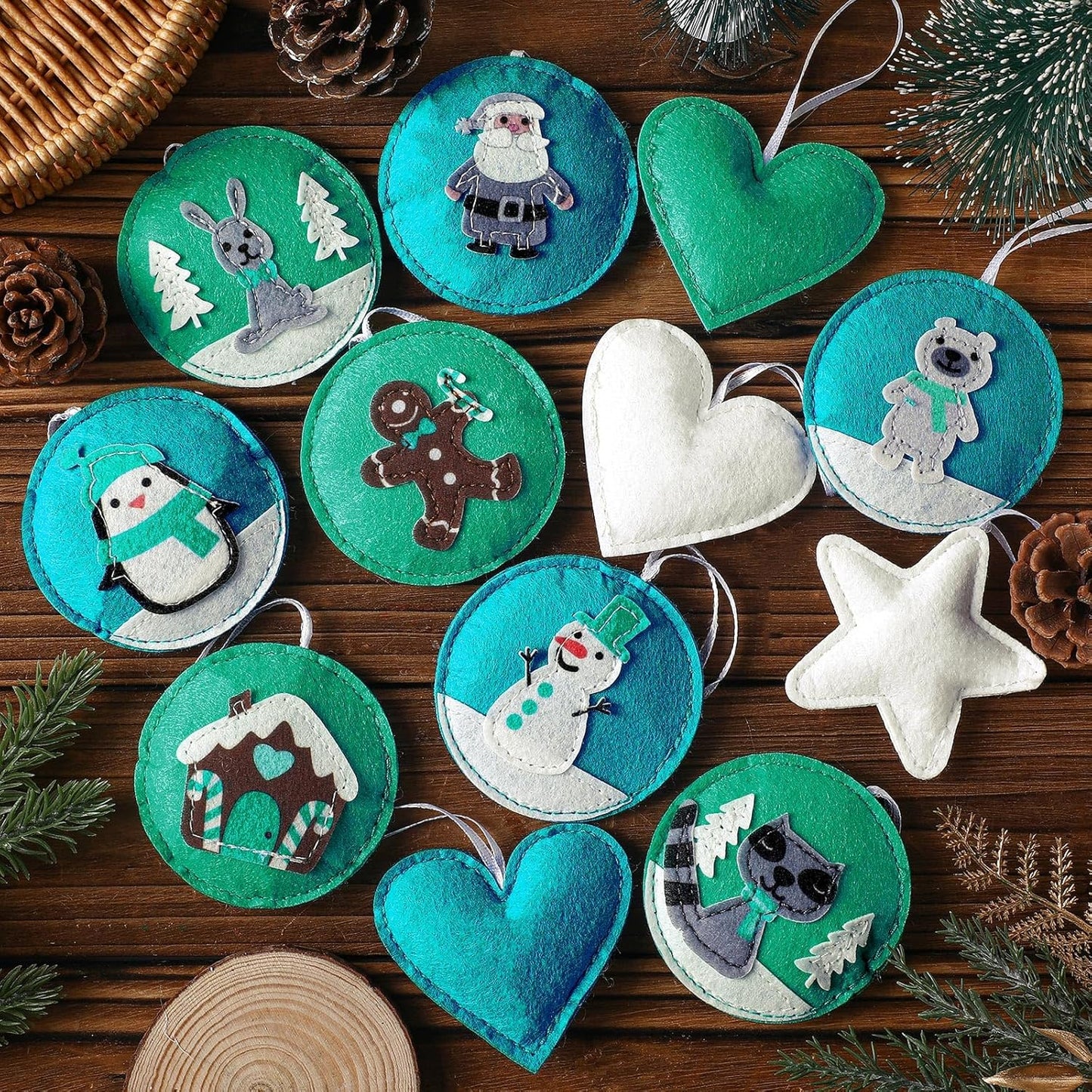 12 Pcs Christmas Felt Ornaments for Tree Santa Claus Snowman Gingerbread 3D White Mint Turquoise
