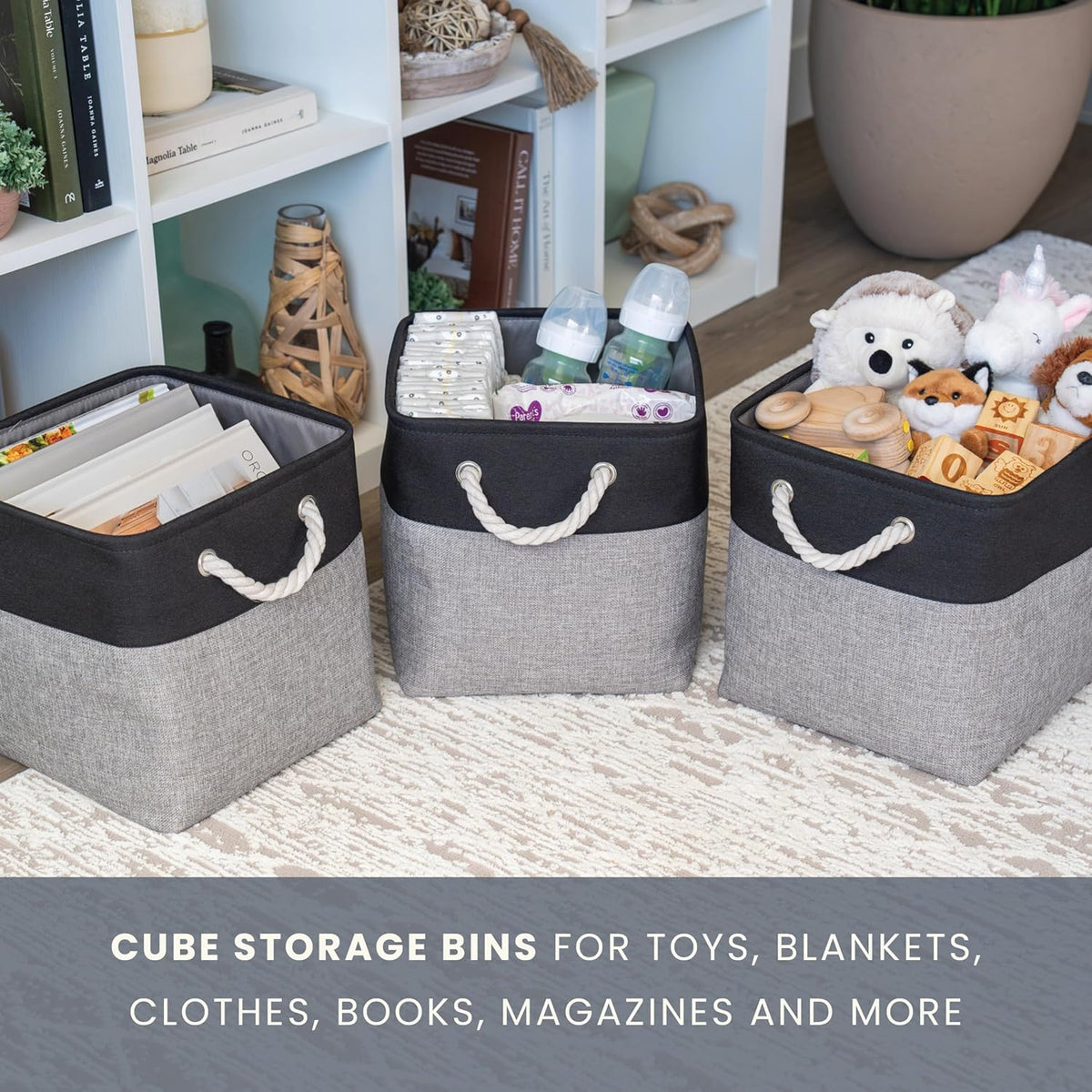OrganiHaus 12x12 Cube Storage Bins 4 Pack, Foldable Cube Storage Organizer w/ Rope Handles