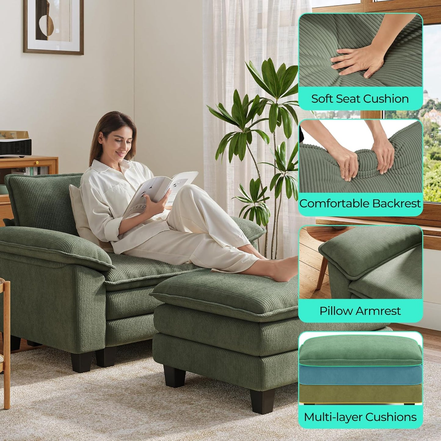LINSY HOME Sofa Chair with Movable Ottoman - Corduroy Cloud Couch Chair Soft Comfy Modern Sofa