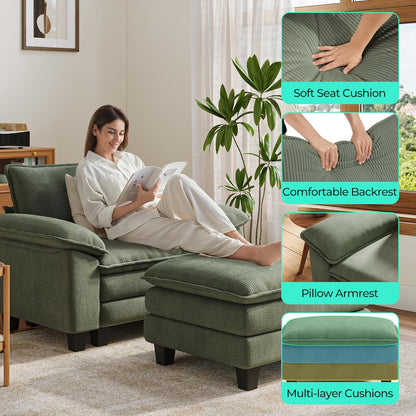 LINSY HOME Sofa Chair with Movable Ottoman - Corduroy Cloud Couch Chair Soft Comfy Modern Sofa