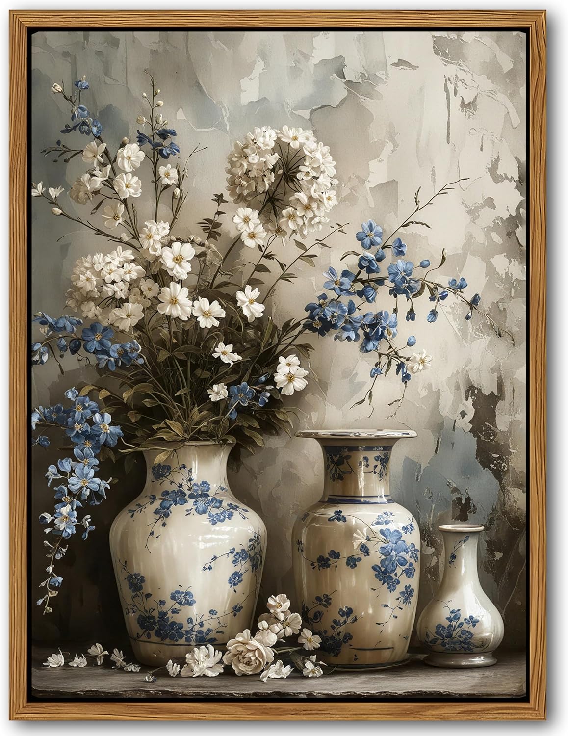 Floating Framed Farmhouse Floral Canvas Wall Art, Vintage Blue and White Flower Pictures Wall