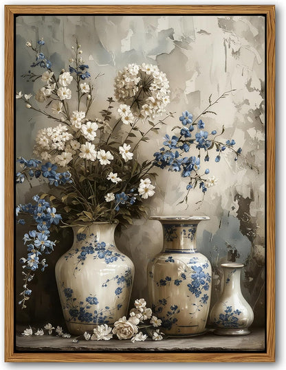 Floating Framed Farmhouse Floral Canvas Wall Art, Vintage Blue and White Flower Pictures Wall