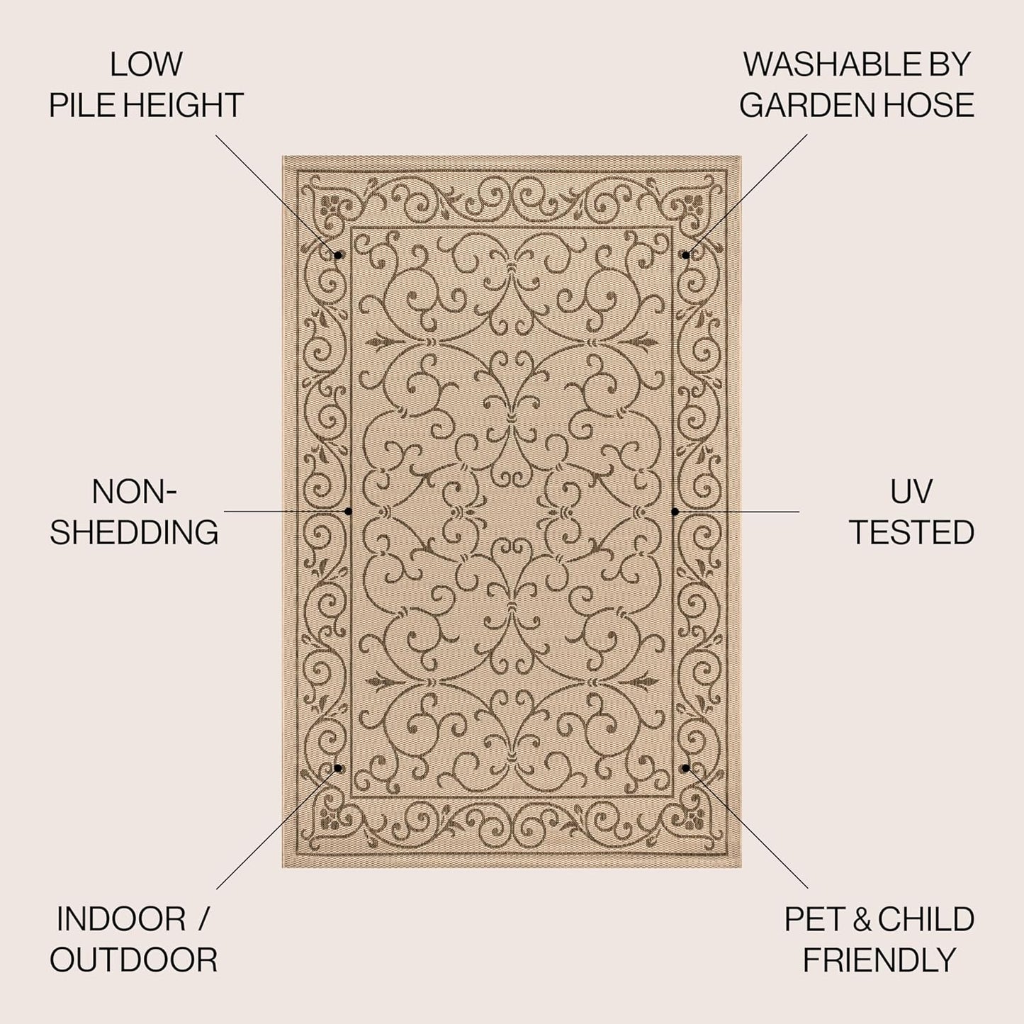 JONATHAN Y Vintage Filigree Indoor Outdoor Square Area Rug 8X8 Beige/Brown, Charleston Textured