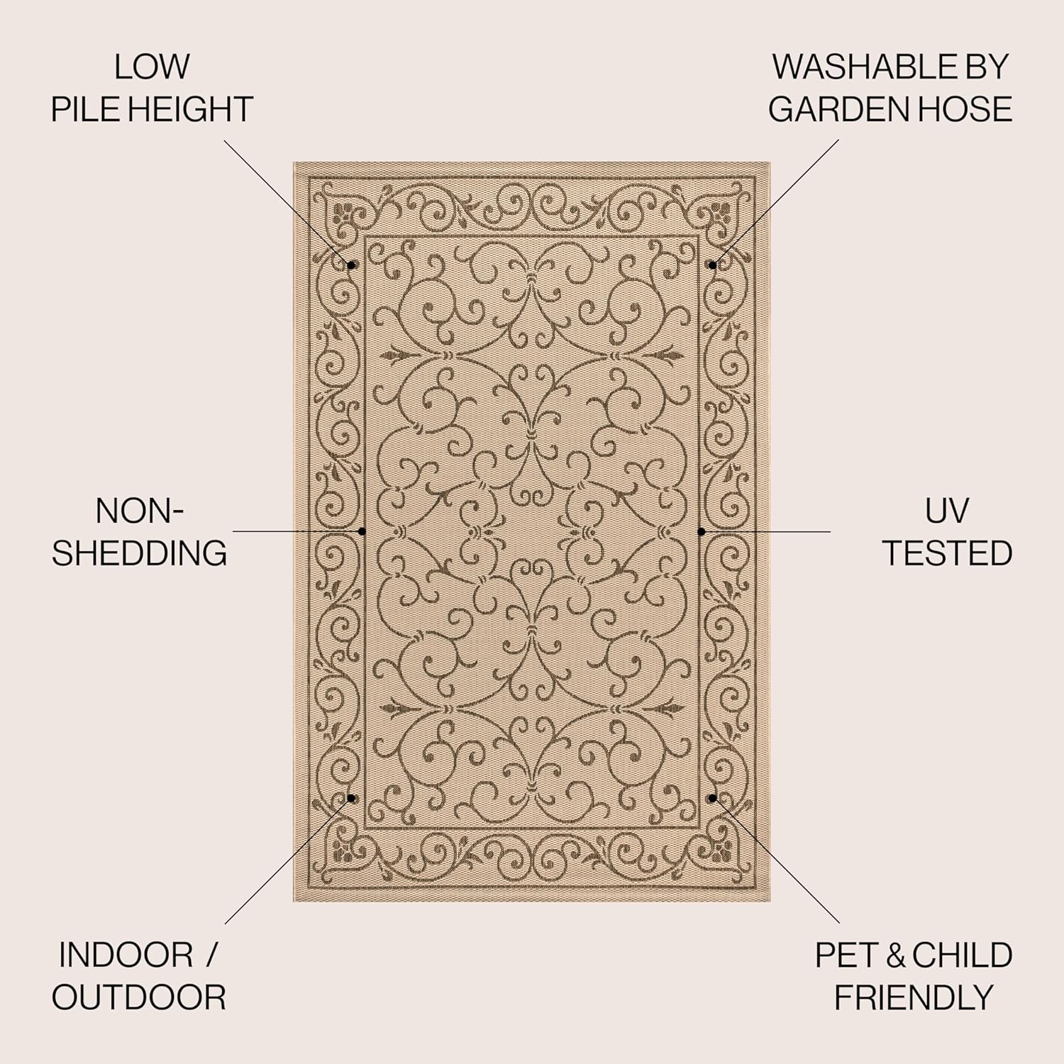 JONATHAN Y Vintage Filigree Indoor Outdoor Round Area Rug 4 Ft Beige/Brown, Charleston Textured
