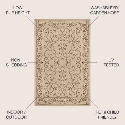 JONATHAN Y Vintage Filigree Indoor Outdoor Round Area Rug 4 Ft Beige/Brown, Charleston Textured