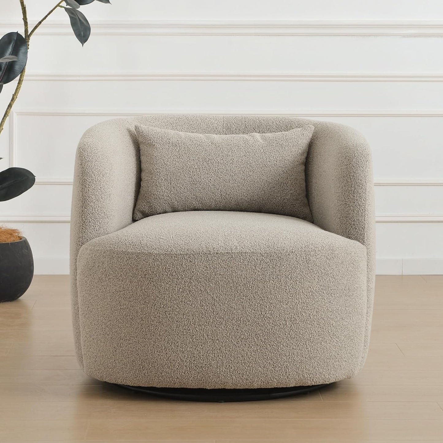 KINWELL 34" Wide Sherpa Swivel Barrel Chair, No Assembly Round Boucle Upholstered Accent Chair