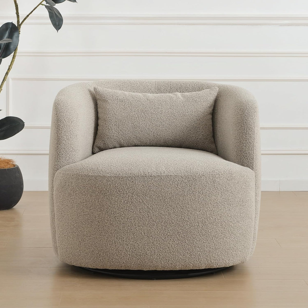KINWELL 34" Wide Sherpa Swivel Barrel Chair, No Assembly Round Boucle Upholstered Accent Chair