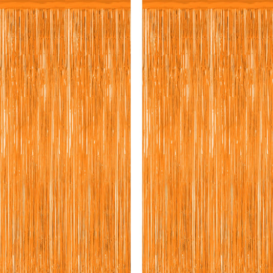 2 Pack Backdrop Curtains, 3.28 FT x 7.05 FT Orange Color Tinsel Backdrop, Metallic Party Streamer