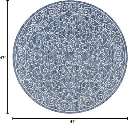 JONATHAN Y Vintage Filigree Indoor Outdoor Round Area Rug 4 Ft Navy/Gray, Charleston Textured Weave