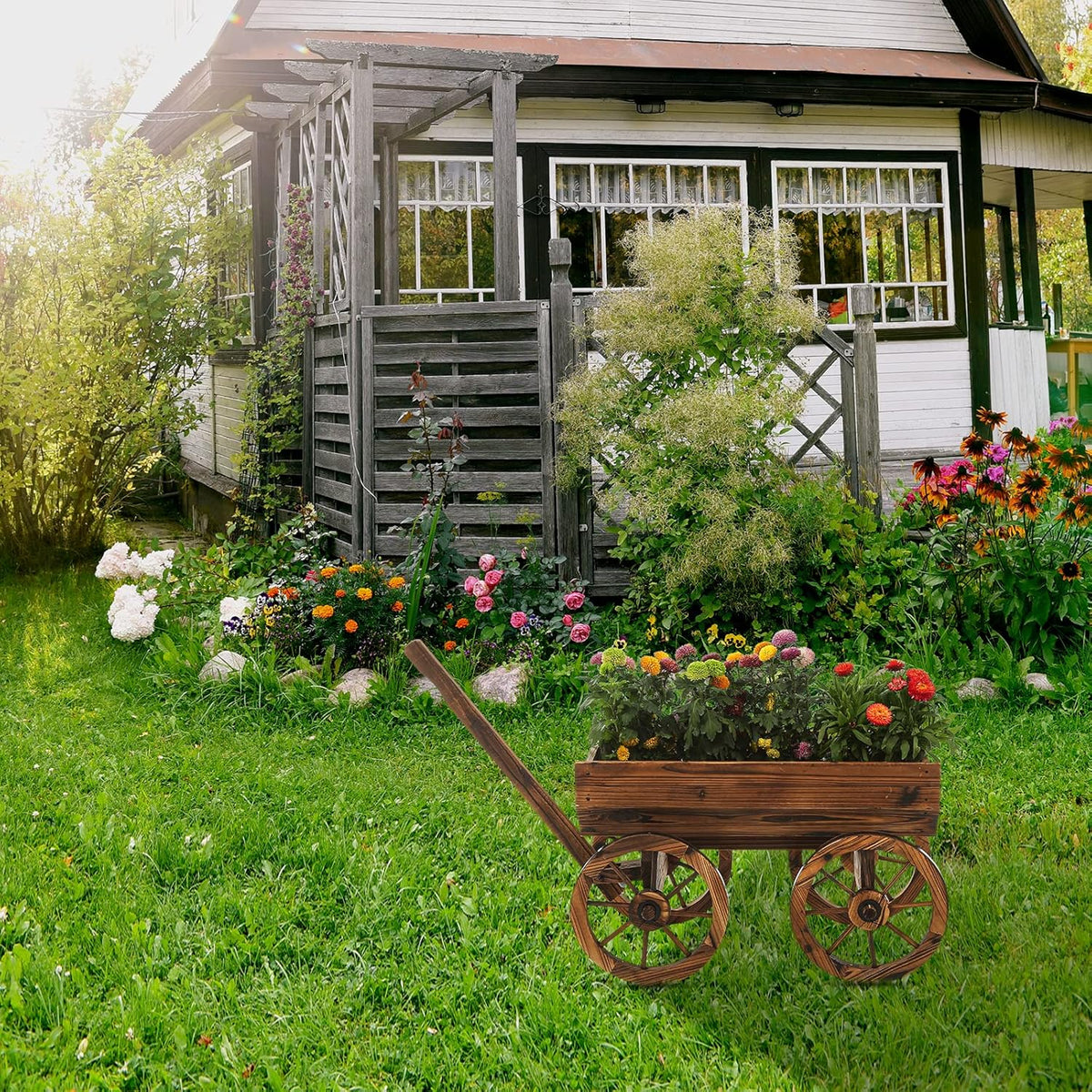 Garden Wooden Decor Rustic Flower Pot,Planters Wagon Indoor Outdoor Backyard Balcony Decor,for