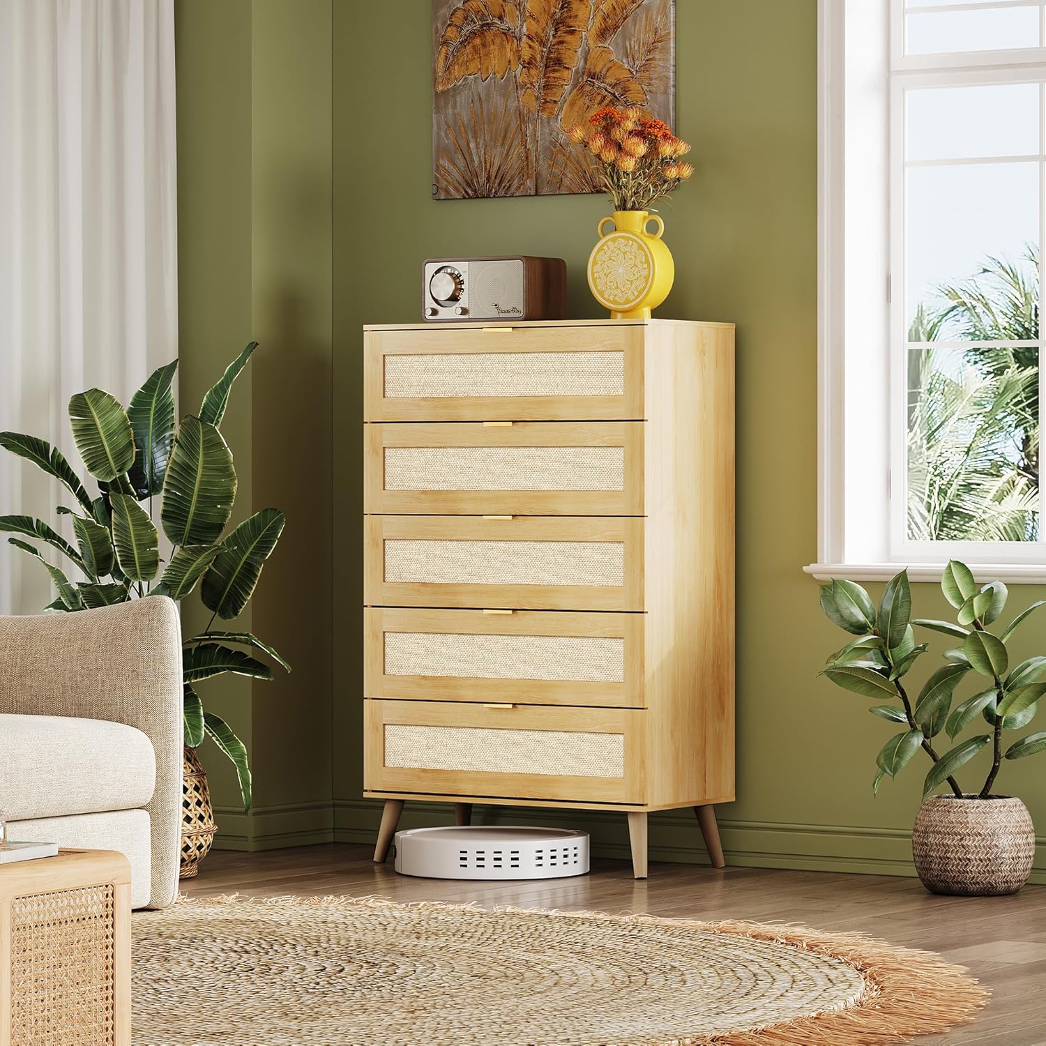 WLIVE Rattan Dresser for Bedroom, 5 Drawer Wood Boho Dresser Storage with Gold Metal Handle, Chest