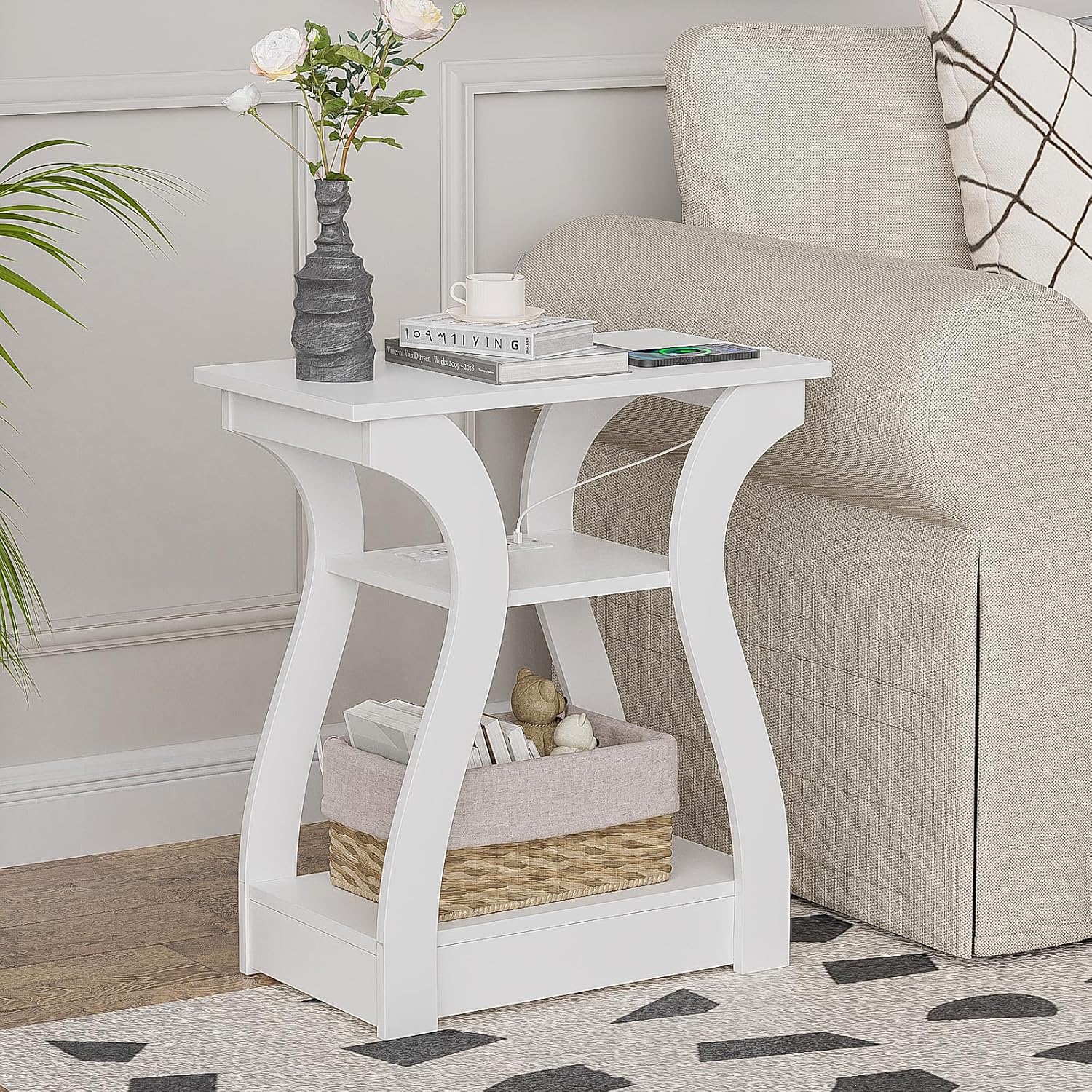 End Tables Living Room, White End Table with Charging Station,White Side Table, Nightstand for