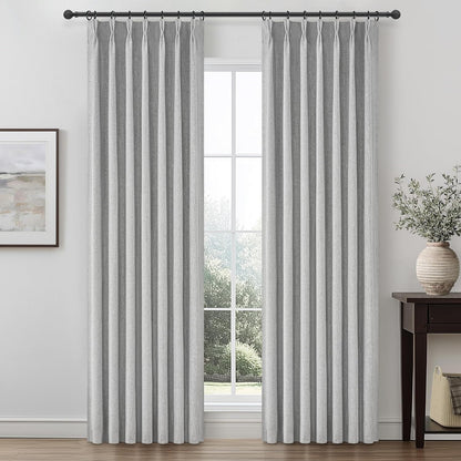 Grey Black Out Curtains 84 Inch Long for Living Room, Pinch Pleated Flax Linen Modern Insulated
