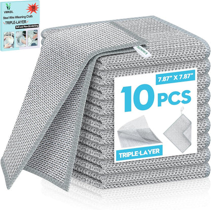 10 Pcs New Upgraded 3 Layers Non Scratch Wire Dishcloth, Multipurpose Wire Dishwashing Rags, Wet &