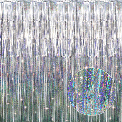 GOER 3.2 ft x 9.8 ft Metallic Tinsel Foil Fringe Curtains Party Photo Backdrop Party Streamers for