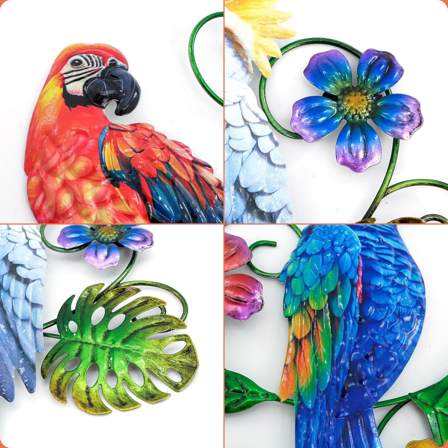 Metal Colorful Parrots Wall Art, 12 Inches Parrot Large Hanging Outside Decoration 3 Pack, Metal