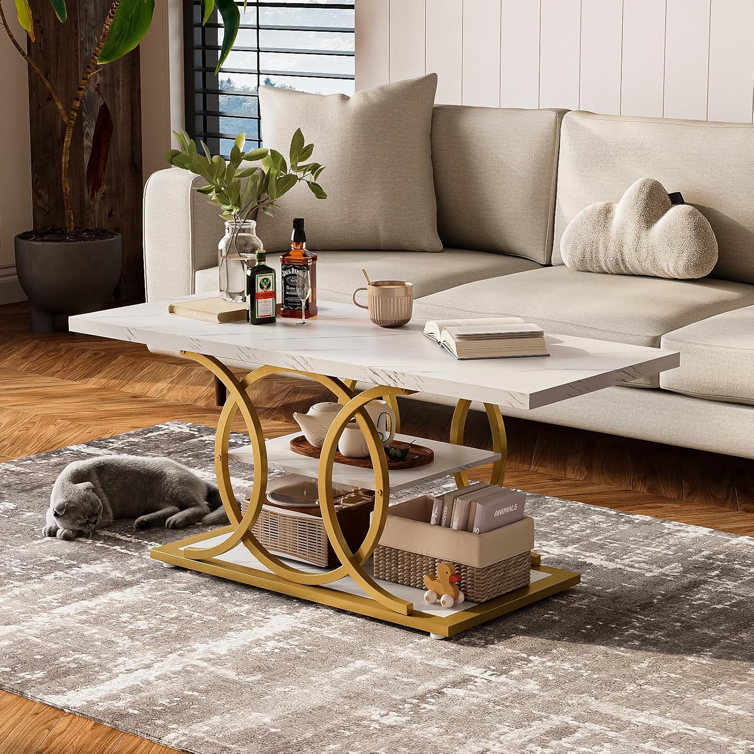 GiftGo Rustic Coffee Table with Storage Modern 3 Tier Center Living Room Table Faux Marble Wooden