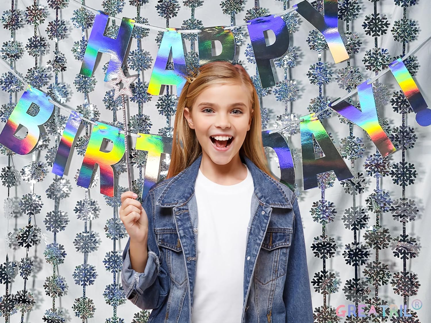 GREATRIL Silver Blue Snowflake Fringe Curtain Winter Onederland Streamers Backdrop with Sparkling