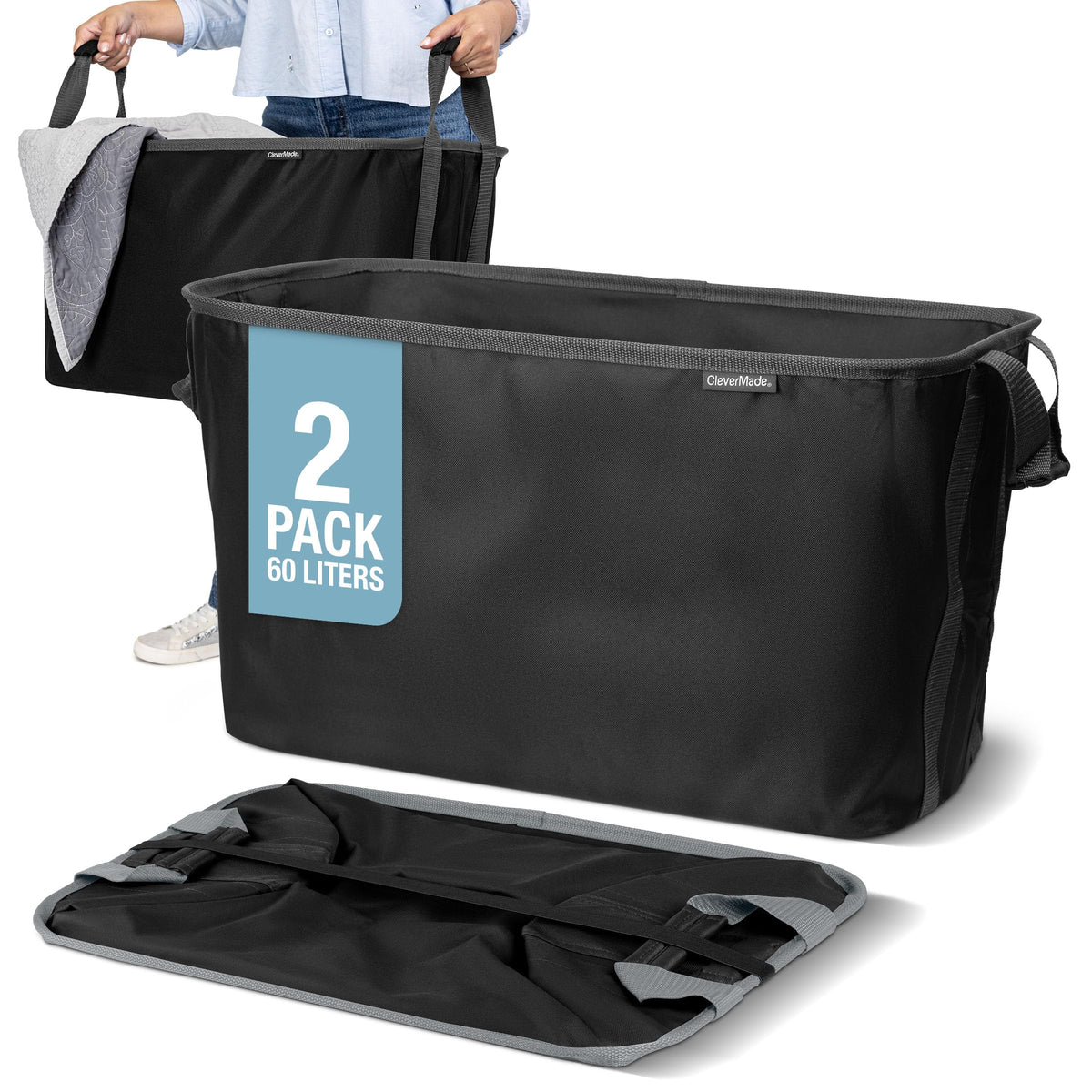 CleverMade Collapsible Laundry Basket, 60L Pop-Up Hamper, 2 Pack, Black