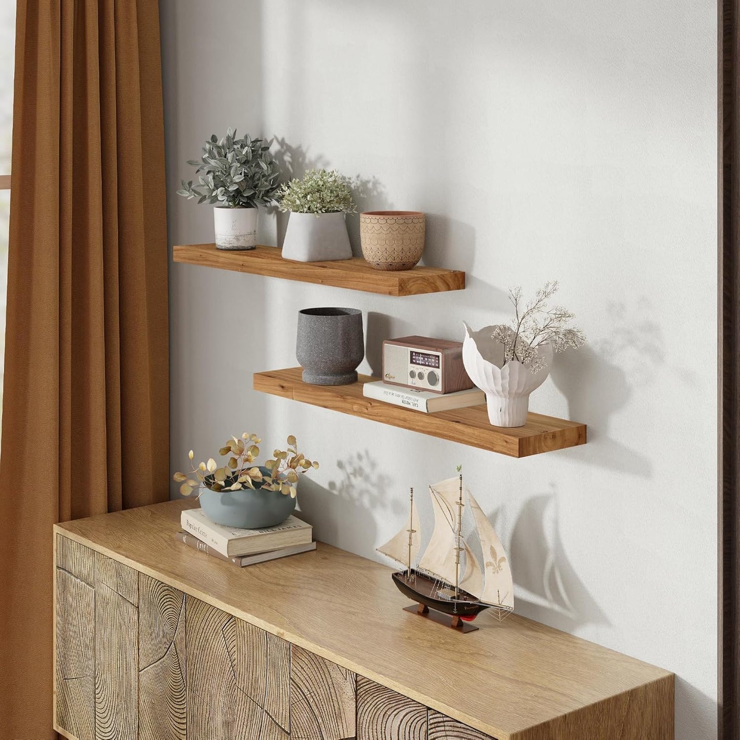 36 Inch Floating Shelves for Wall, Rustic Elm Wood Shelf for Home Decor, Heavy-Duty Wooden Floating