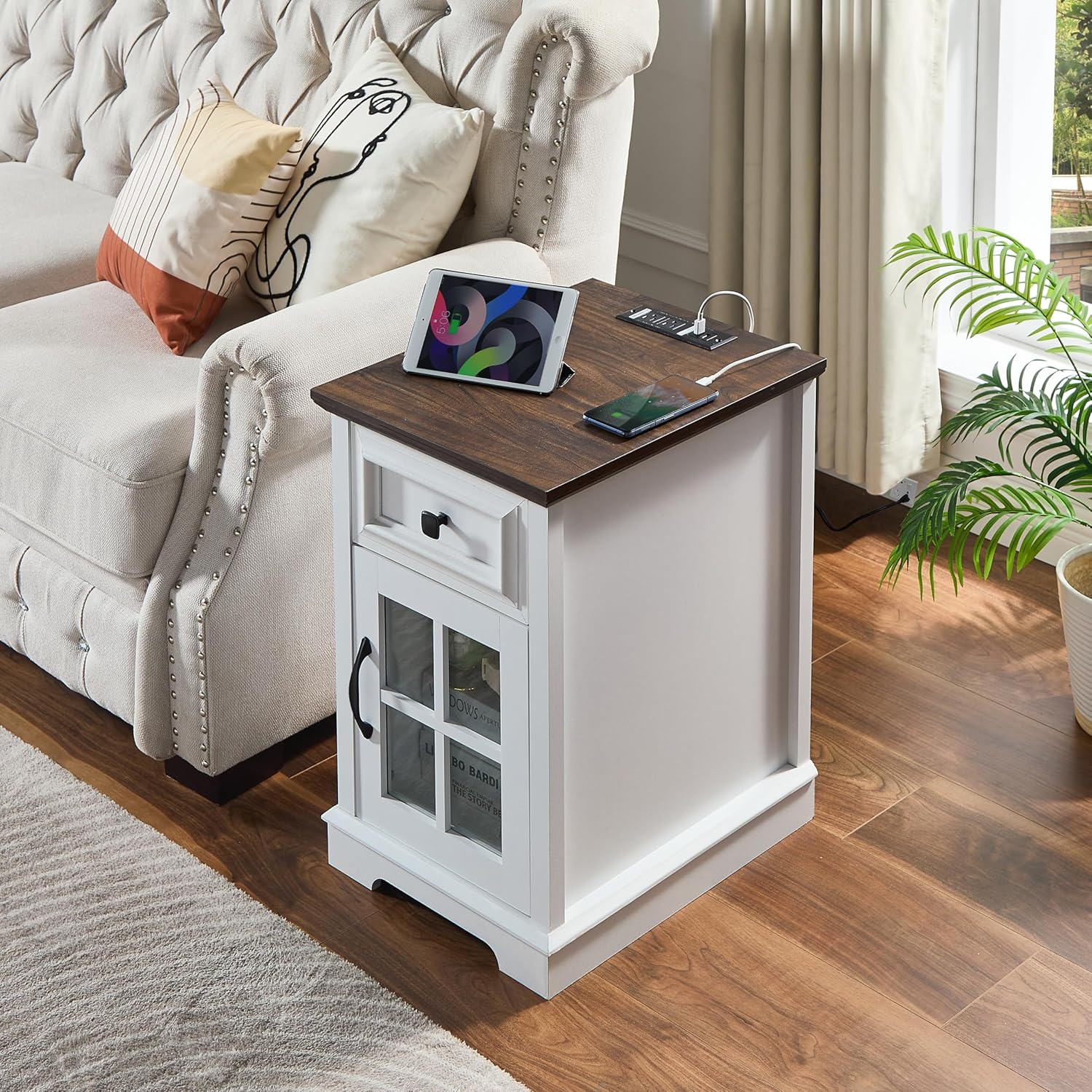 Farmhouse XXL End Table with Charging Station, Side Table with USB Ports and Outlets, Nightstand