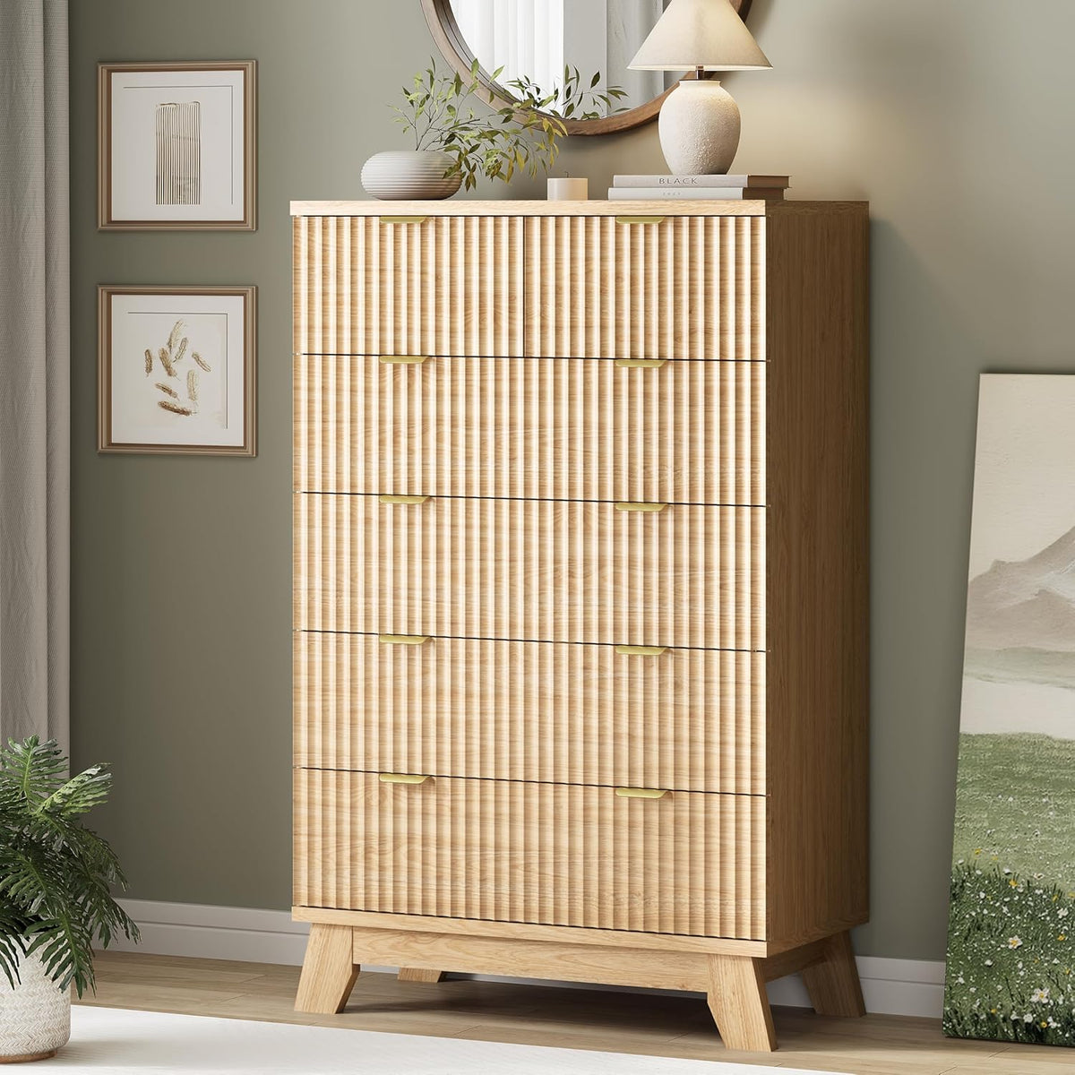 Fluted Dresser for Bedroom with 6 Drawers, 46" Tall Modern Chest of Drawers with Metal Handle