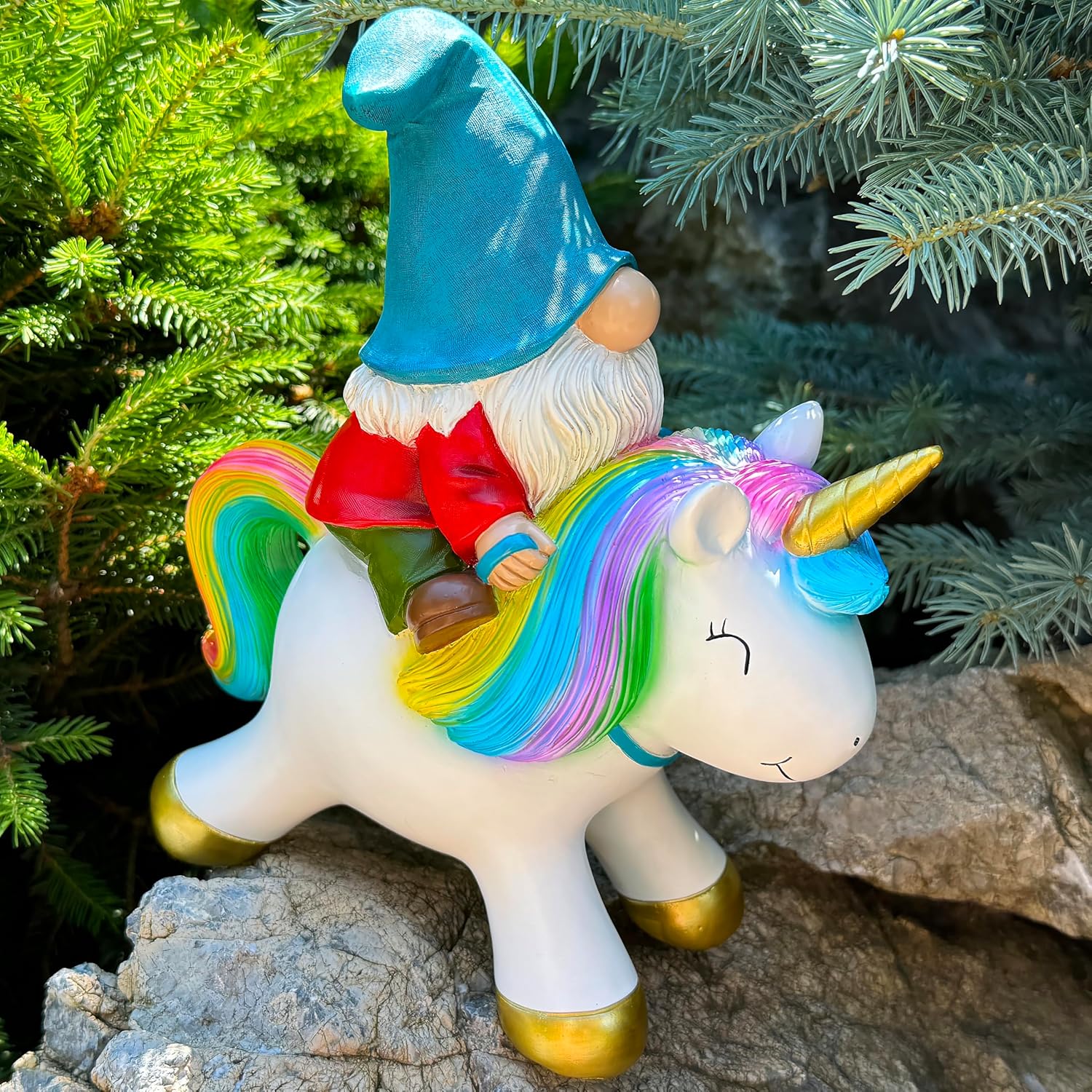 Mood Lab Garden Gnome Statue - Garden Gnome Riding Unicorn - 8.3 Inch Tall Lawn Figurine - for