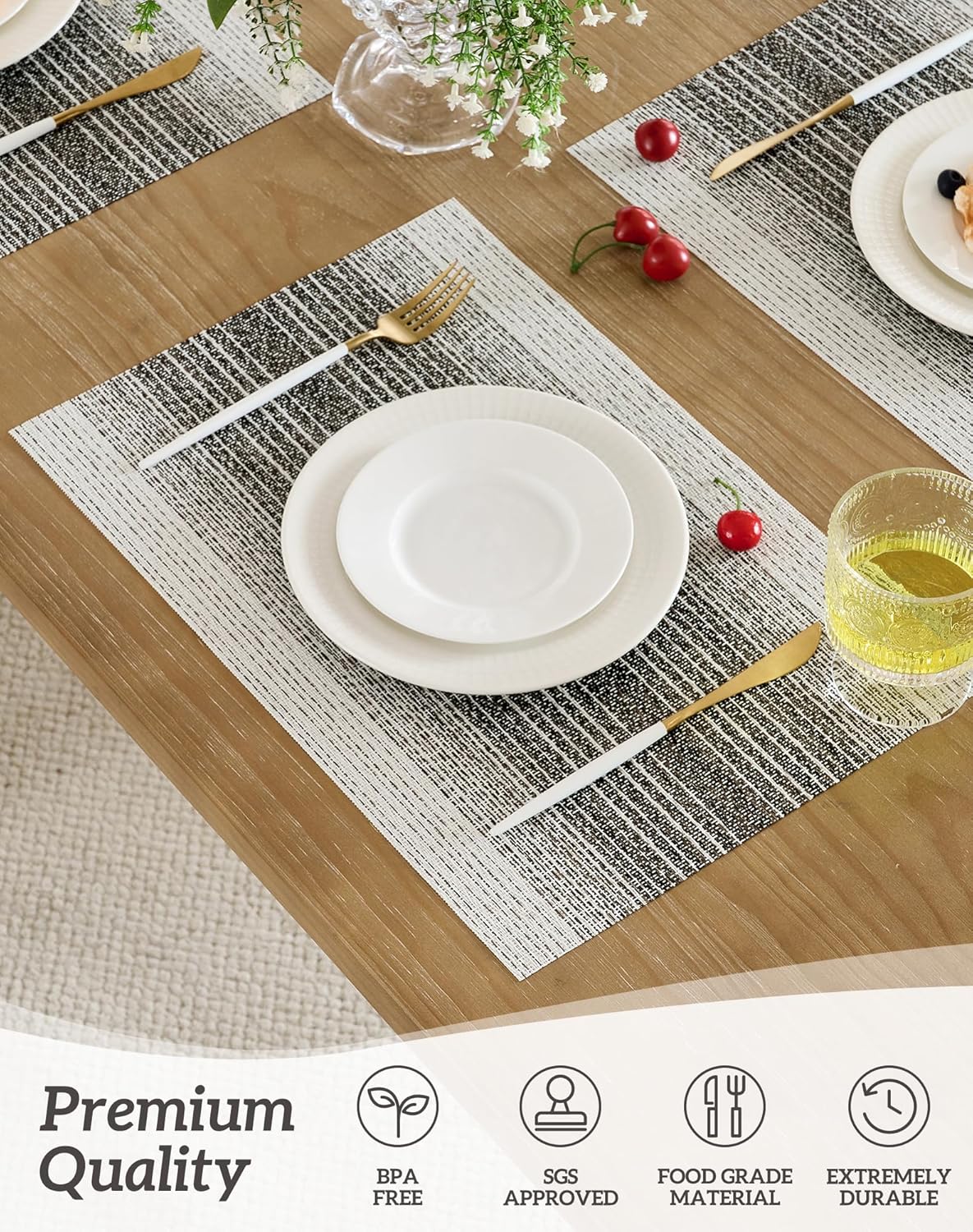 Leetaltree Black with White Woven Placemats Set of 6 - Heat Resistant Non-Slip Place mats for