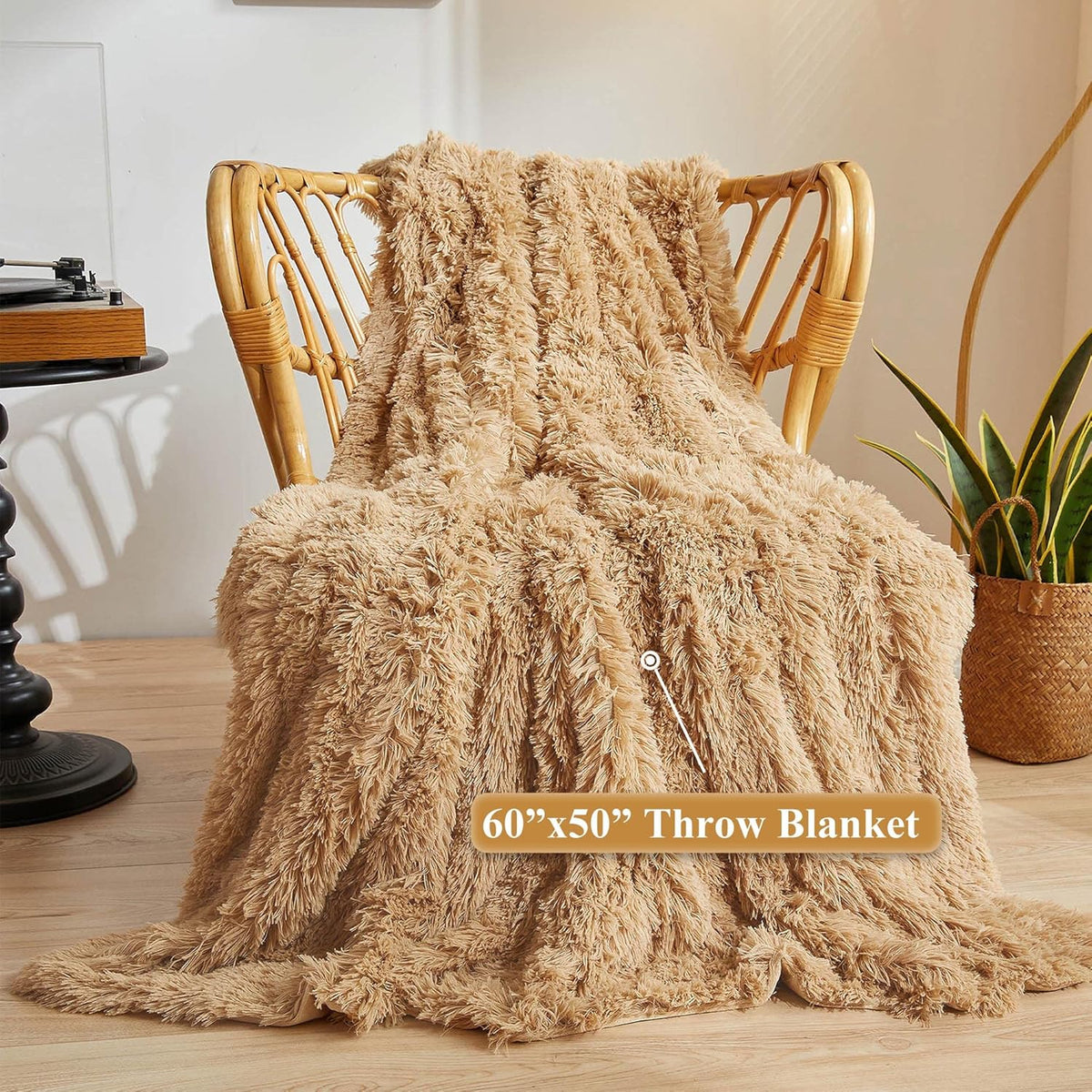 XeGe Plush Faux Fur Throw Blanket, Camel Luxurious 50x60 Shaggy Furry Blanket, Fluffy Microfiber