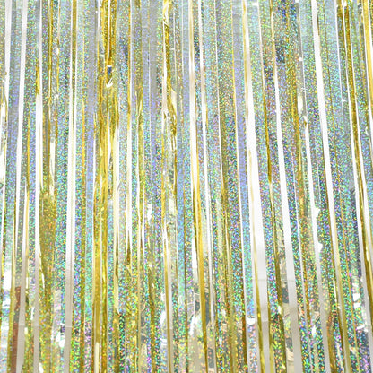 BRAVESHINE Gold Tinsel Streamers Party Backdrop - 2 Pack 3.2x8.2ft Metallic Foil Fringe Curtain for