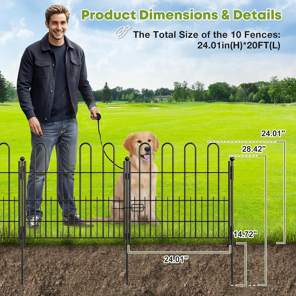 10 Panels Decorative Garden Fence with U-Shape and Latch Gate, 24.01in (H) X 20ft (L) Dog Fence