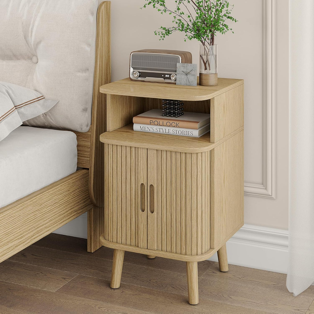 Alohappy Mid Century Modern End Table, Fluted Wood Nightstand with Sliding Tambour Door, Curved