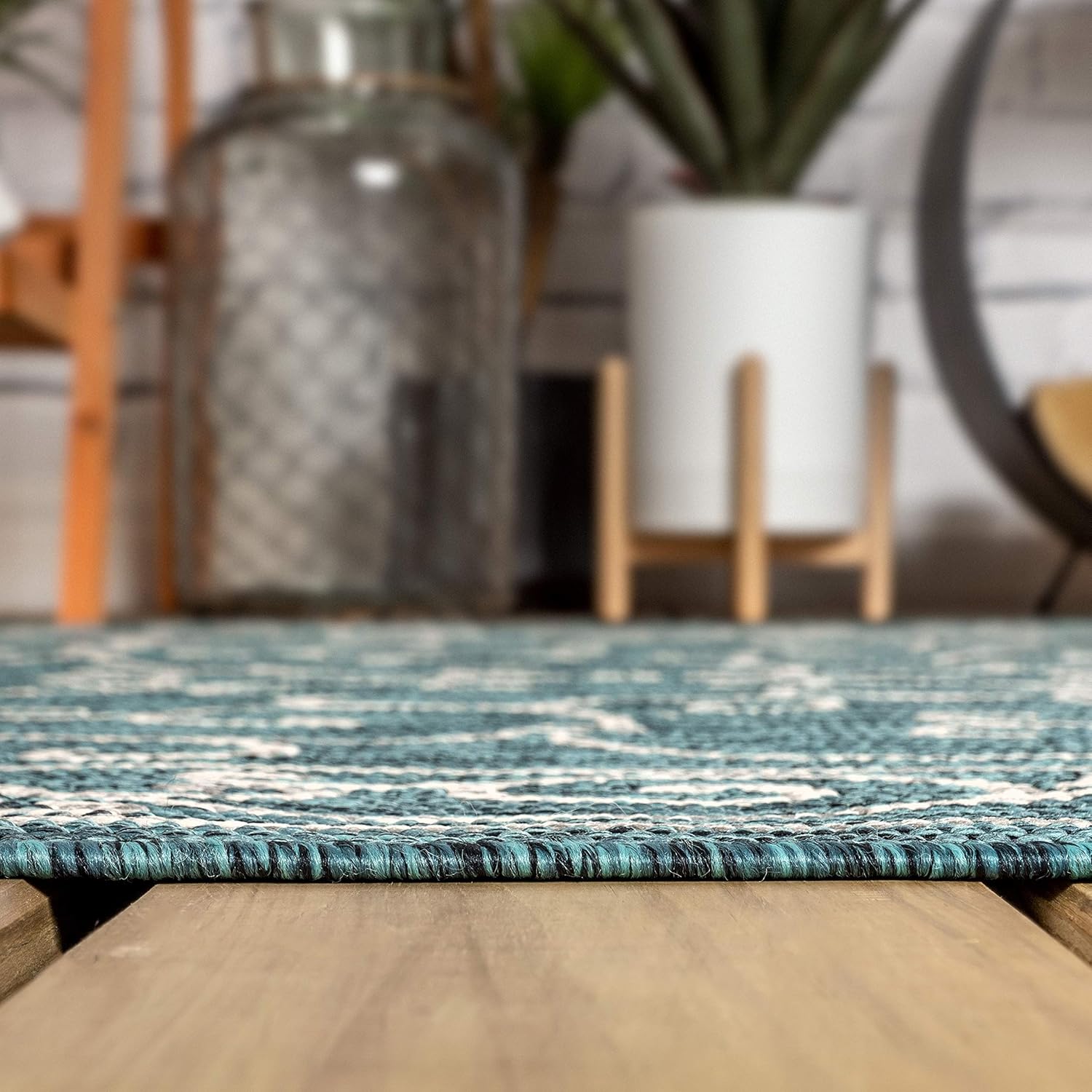 JONATHAN Y Vintage Filigree Indoor Outdoor Round Area Rug 8 Ft Teal/Gray, Charleston Textured Weave