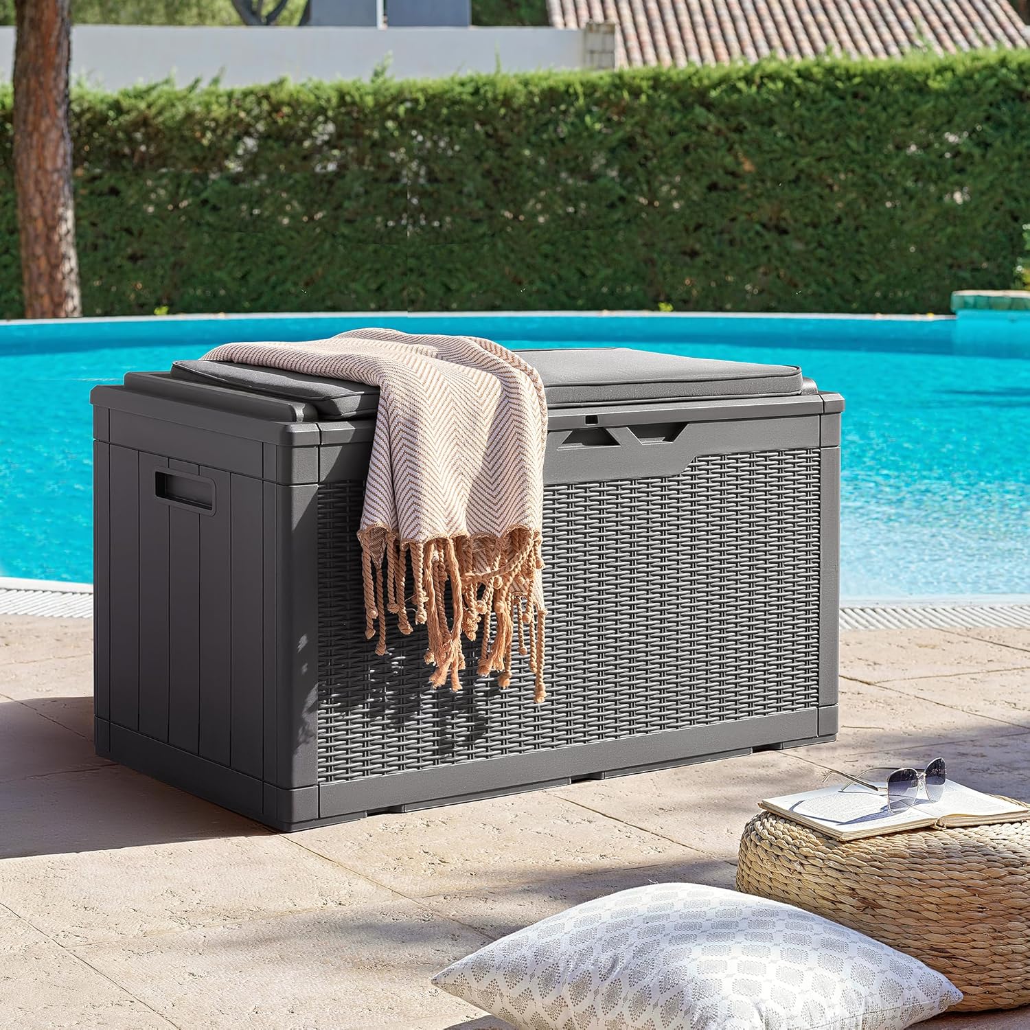 Flamaker Deck Box with Cushion 100 Gallon Waterproof Resin Storage Box with Air Rod Indoor Outdoor