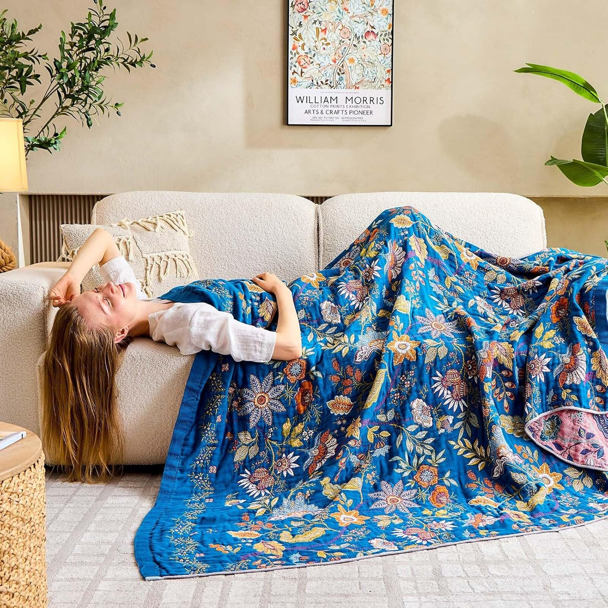 Fall Throw Blanket for Couch, Blue Boho Decorative Throw Blanket, 100% Cotton Muslin Breathable