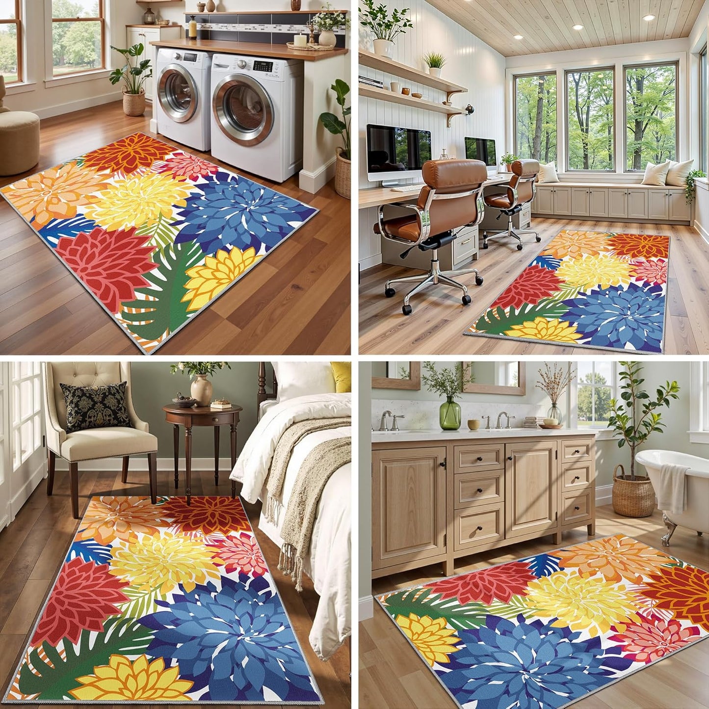 Area Rug 3x5 Washable Entry Rug Multicolored Tropical Botanical Modern Floral Indoor Kitchen Door