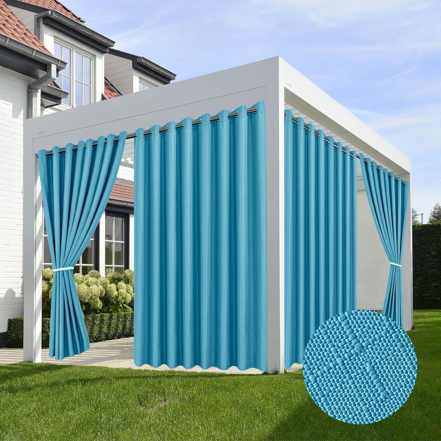 HolidayIdeas 4 Panels Linen Outdoor Curtains for Patio Waterproof Teal Gazebo Privacy Curtains 110"