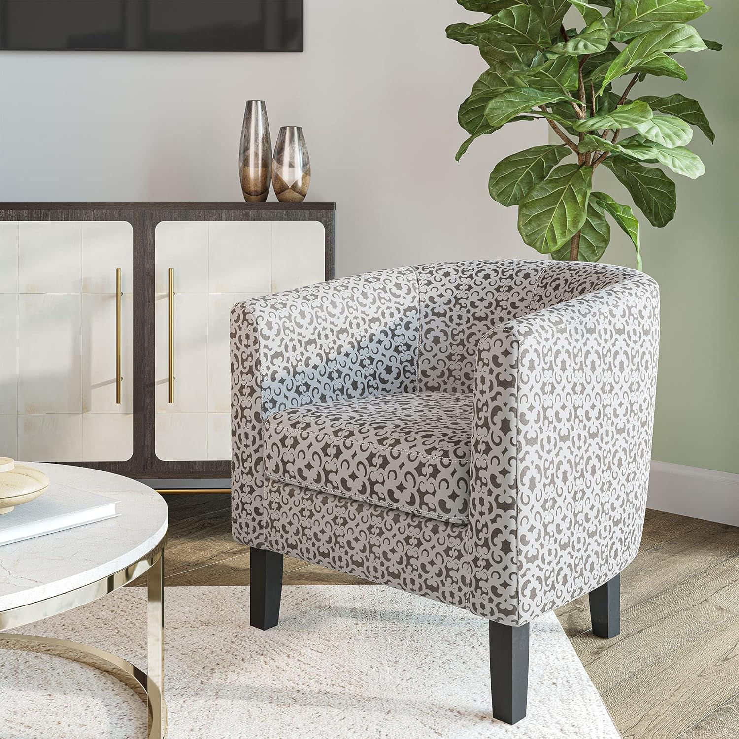 BELLEZE Accent Barrel Chair Set of 2, Linen Round Chair Club Tub Sofa Corner Chair with Flared Legs