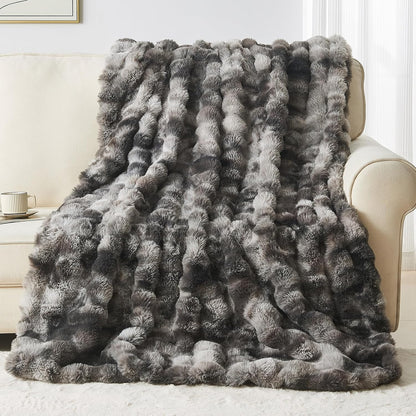 Lotus Karen Faux Fur Blanket Tie-Dye Dark Gray Twin Size - Big Bubble Rabbit Fluff Throw for Couch