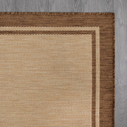 CAMILSON Outdoor Rug 9x12 Bordered Natural Brown Modern Area Rugs for Indoor and Outdoor Patios
