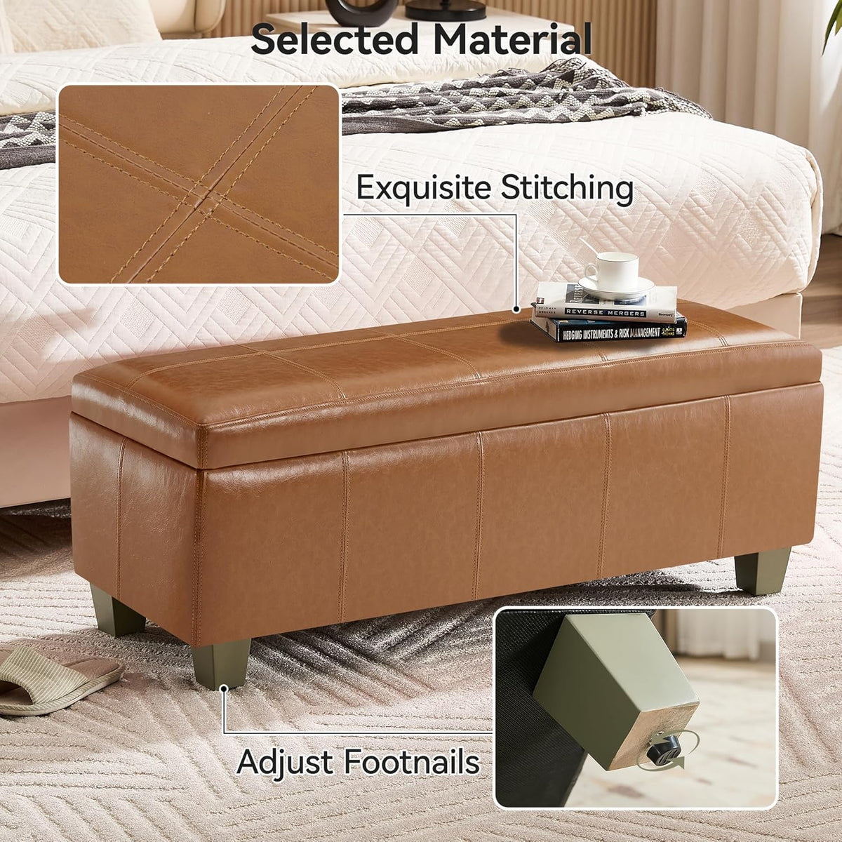 41" Faux Leather Storage Ottoman, Stitch Tufted Rectangle Upholstered End of Bed Storage Bench