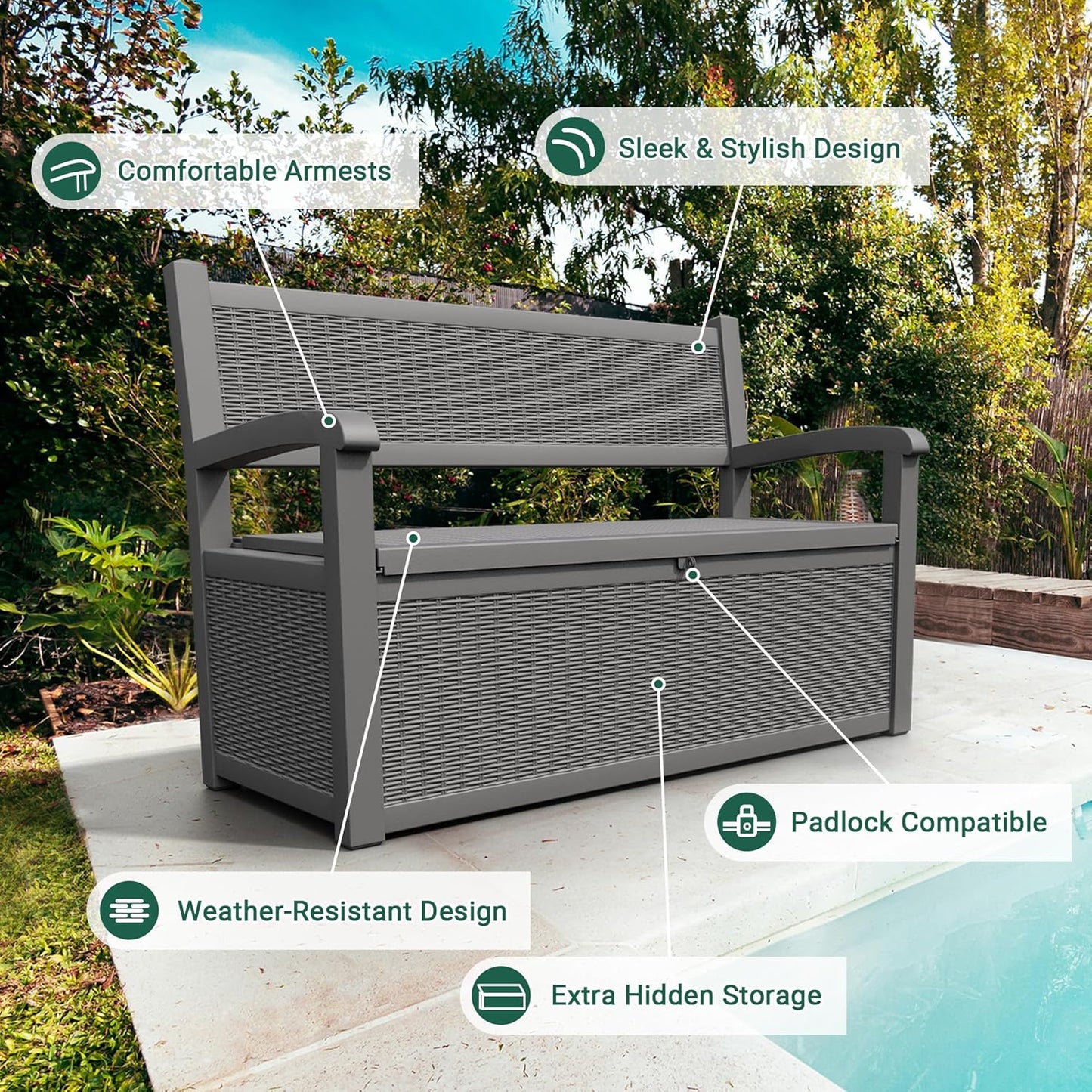 70 Gallon Deck Bench with Storage,Outdoor Storage Box Bench Waterproof&Lockable, Resin Patio